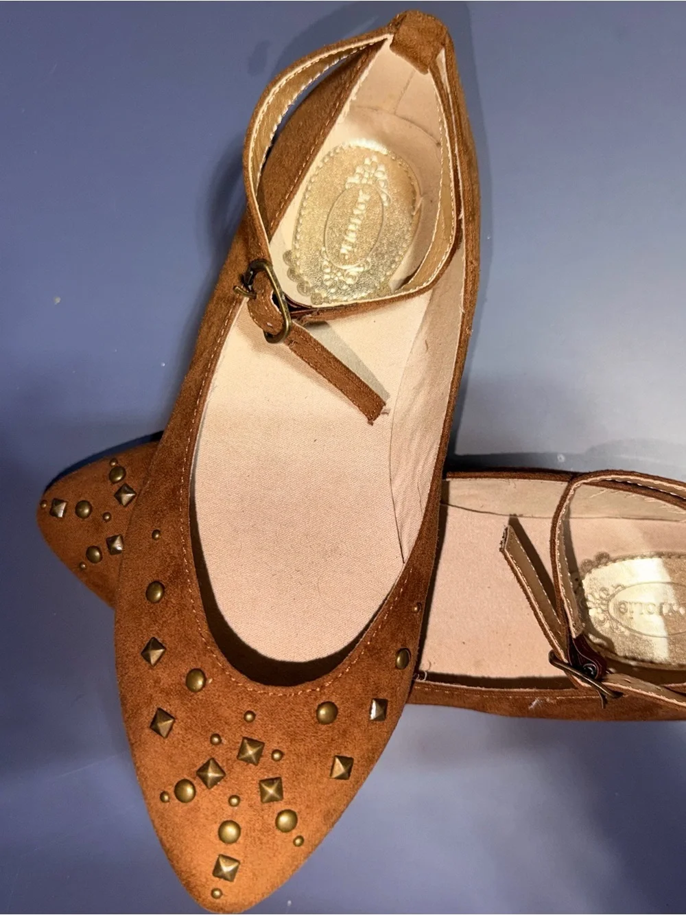 Joyfolie Brown Studded Pointed Ankle-Strap Flats
